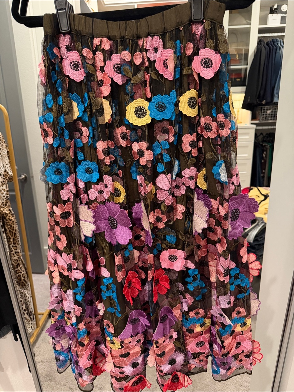 Maeve Black Tulle Midi Skirt with Multicolor Floral Appliqués